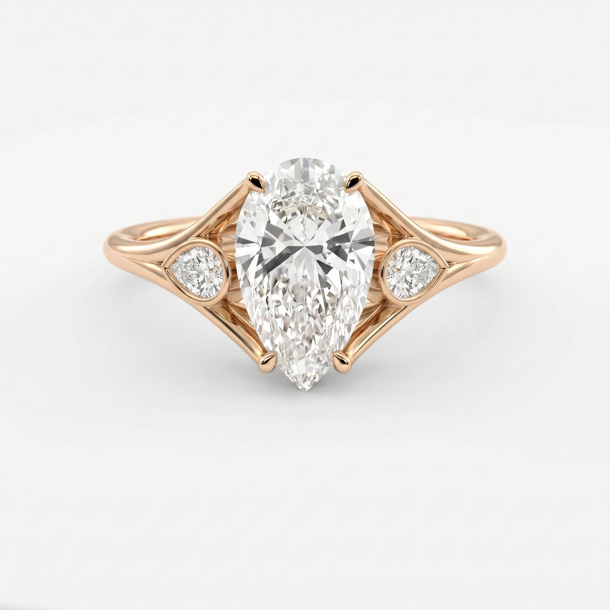 Custom 4‑Prong Diamond Ring with Bezel‑Set Pear Side Stones, view 7