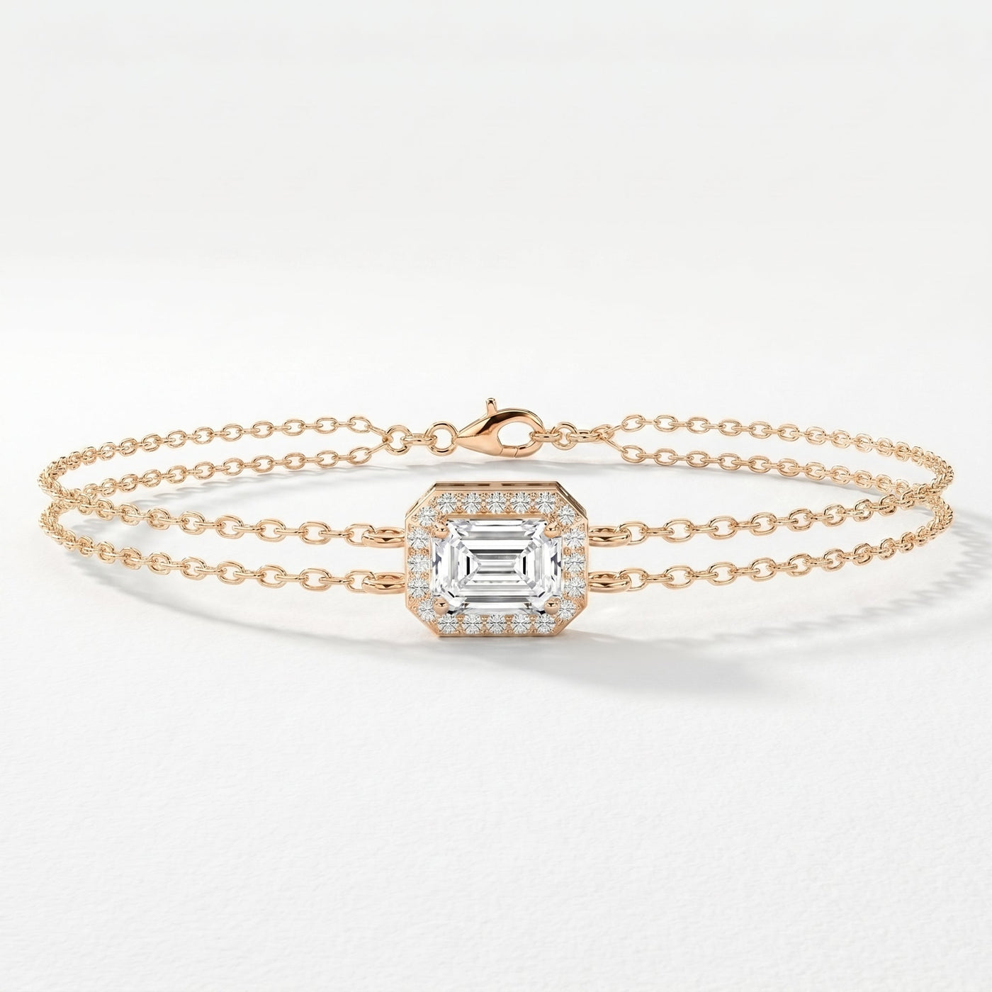 Diamond Bracelet Chain with Emerald Cut Halo Centre, Double Chain Elegant Design, view 4