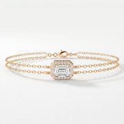 Diamond Bracelet Chain with Emerald Cut Halo Centre, Double Chain Elegant Design, view 4