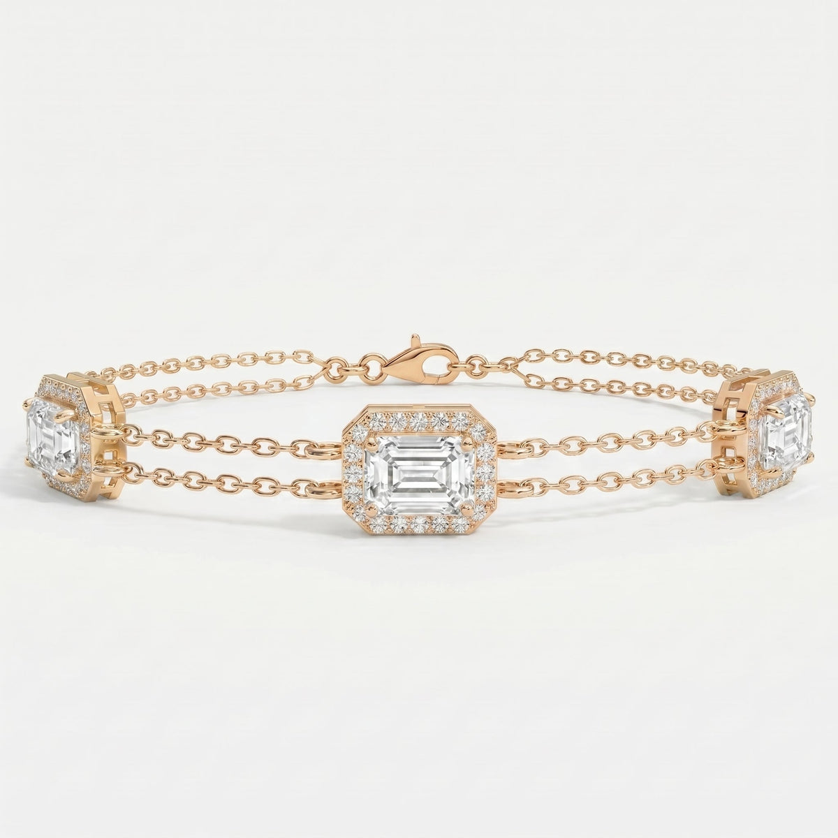 Emerald Cut Diamond Halo Double Chain Statement Design Bracelet, view 6