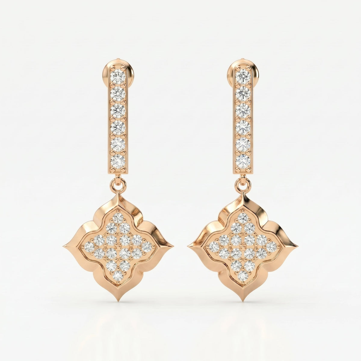 Round Cut Diamond Quatrefoil Drop Earrings, view 4