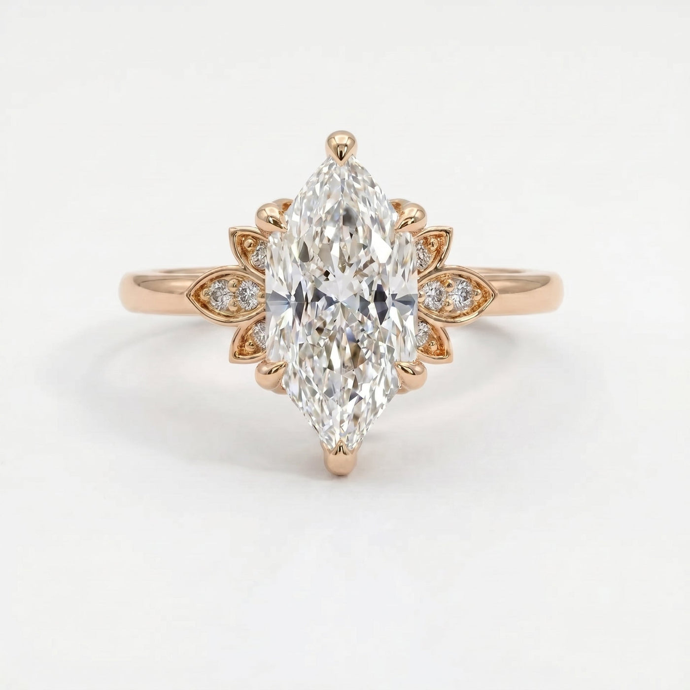 Dutch Marquise Cut Lab Diamond Floral Side Cluster Design Engagement Ring, view 3