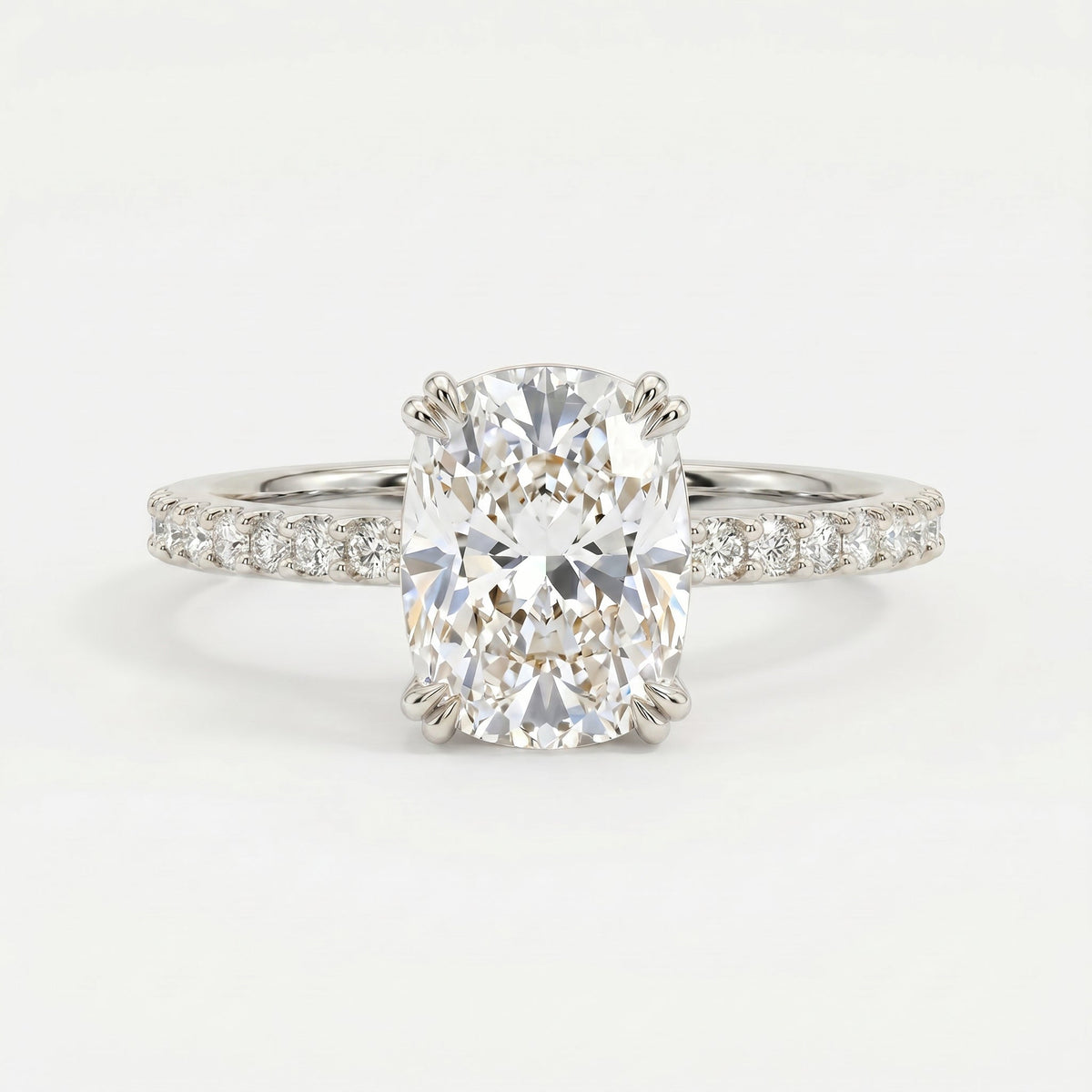 Cushion Cut Diamond Pave Side Stone Engagement Ring, view 3