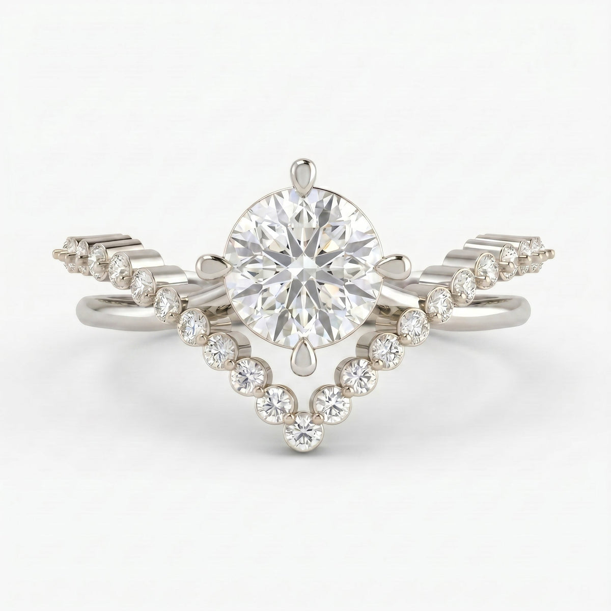 Round Cut Diamond Split Shank Chevron Pave Side Stone Engagement Ring, view 4