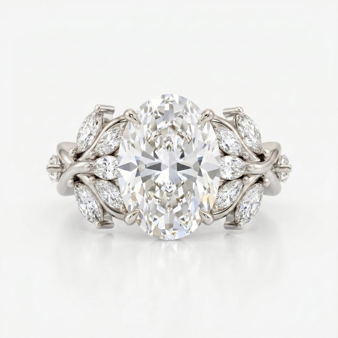 Oval Diamond Engagement Ring Nature Inspired Marquise Leaf Side Stone Ring, view 3