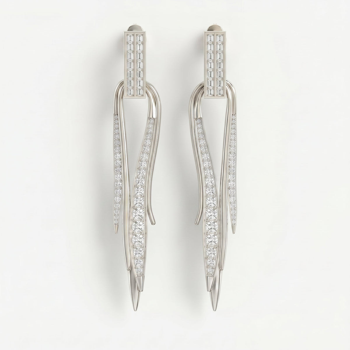 Baguette & Round Diamond Long Statement Fashion Earrings, view 5