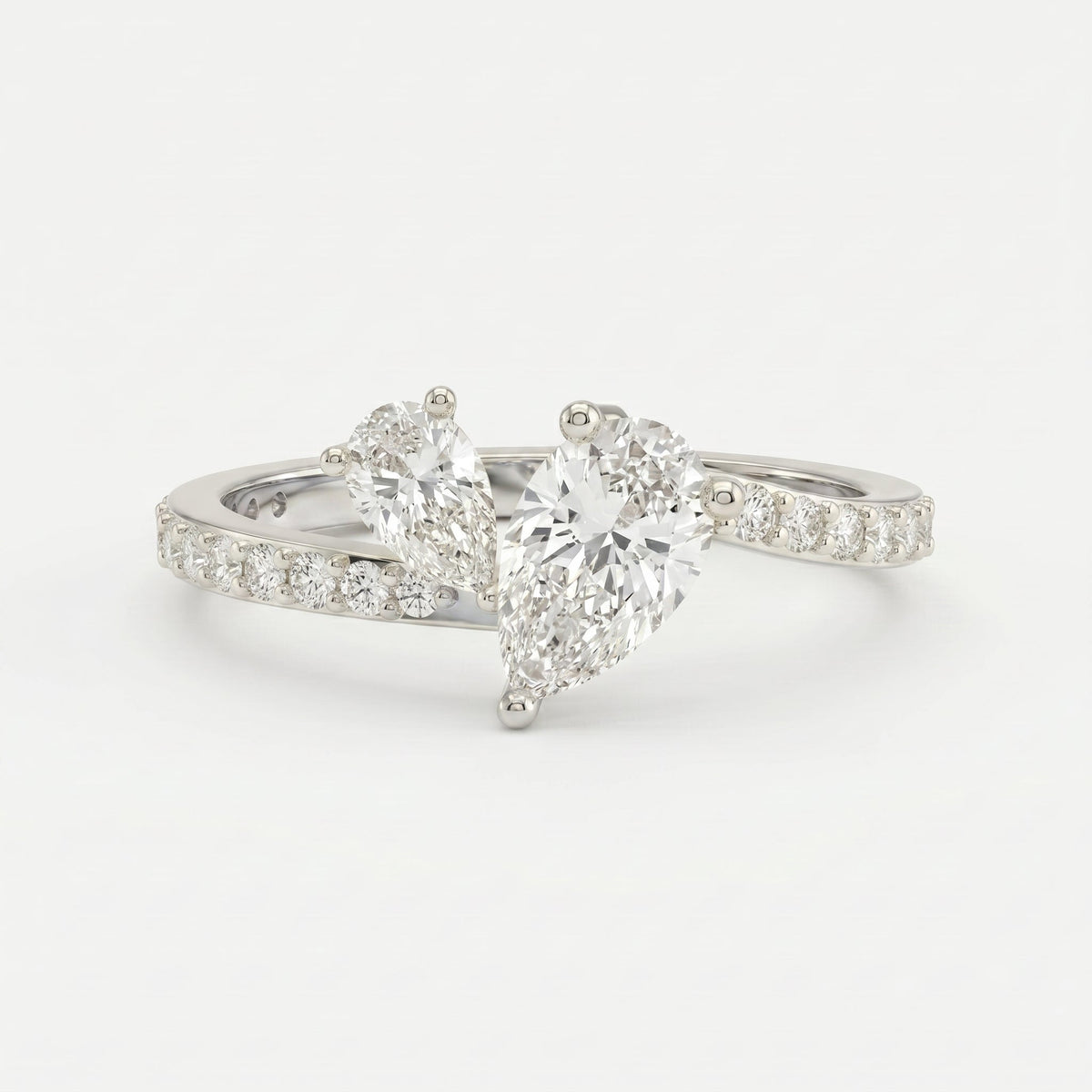 Two-Stone Pear Shaped Diamond Bypass Side Stone Engagement Ring, view 3