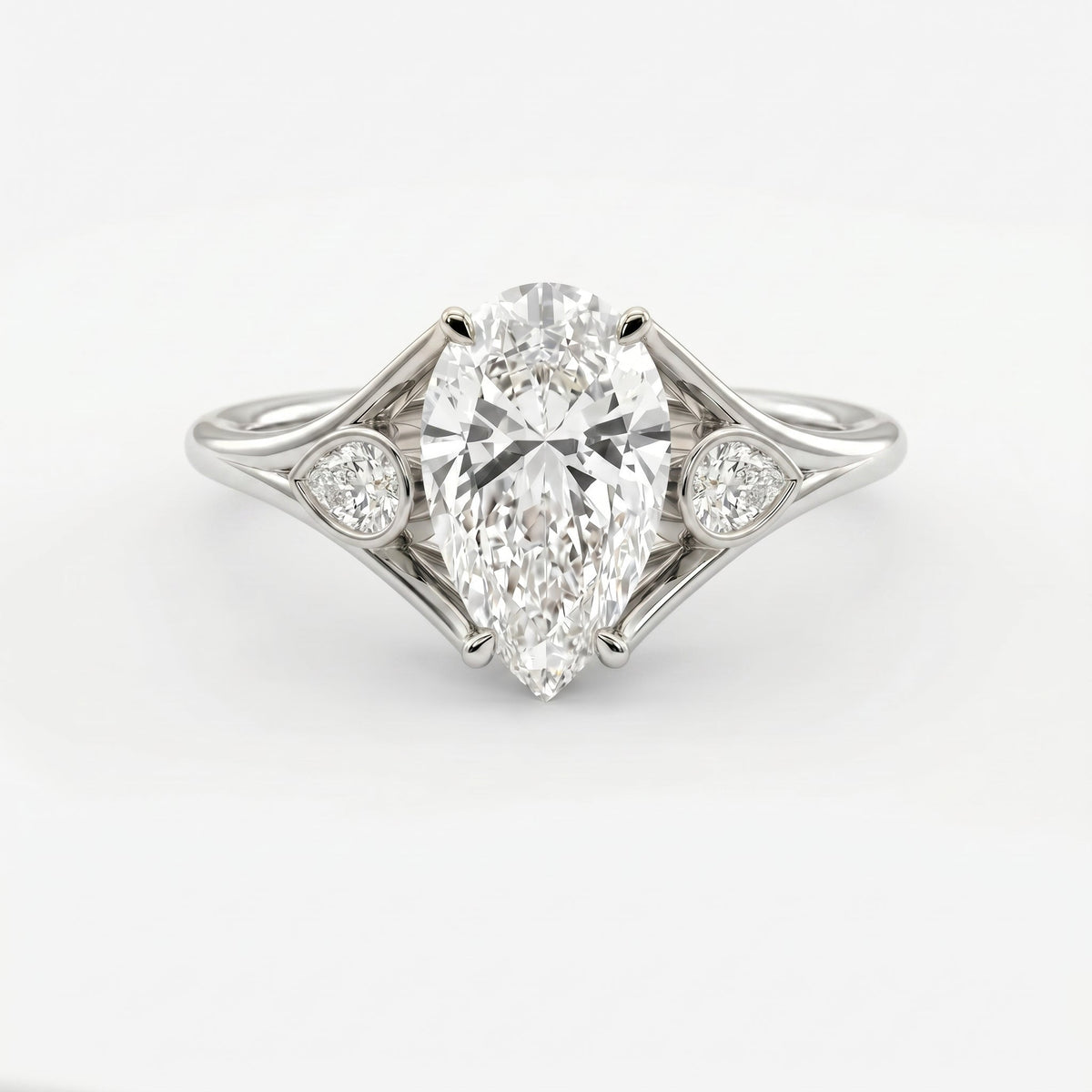 Custom 4‑Prong Diamond Ring with Bezel‑Set Pear Side Stones, view 6