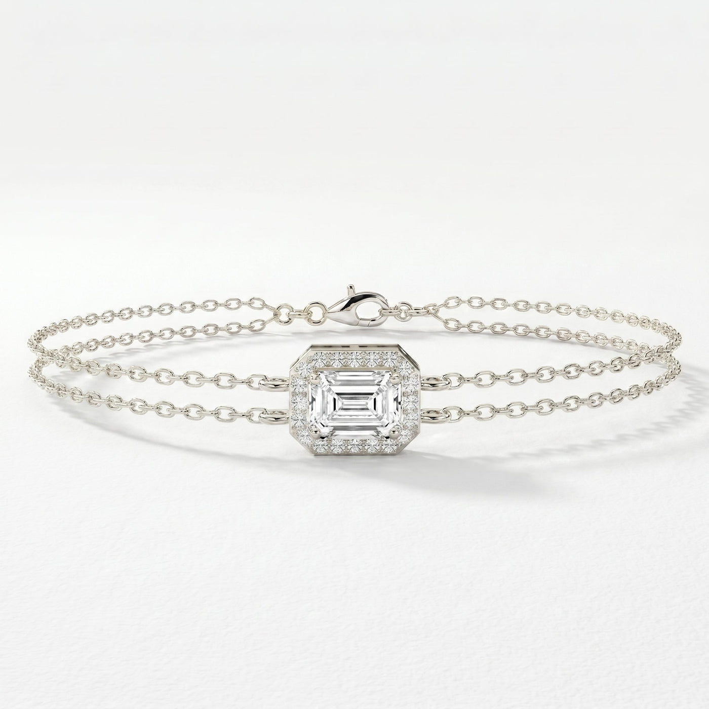Diamond Bracelet Chain with Emerald Cut Halo Centre, Double Chain Elegant Design, view 3