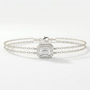 Diamond Bracelet Chain with Emerald Cut Halo Centre, Double Chain Elegant Design, view 3