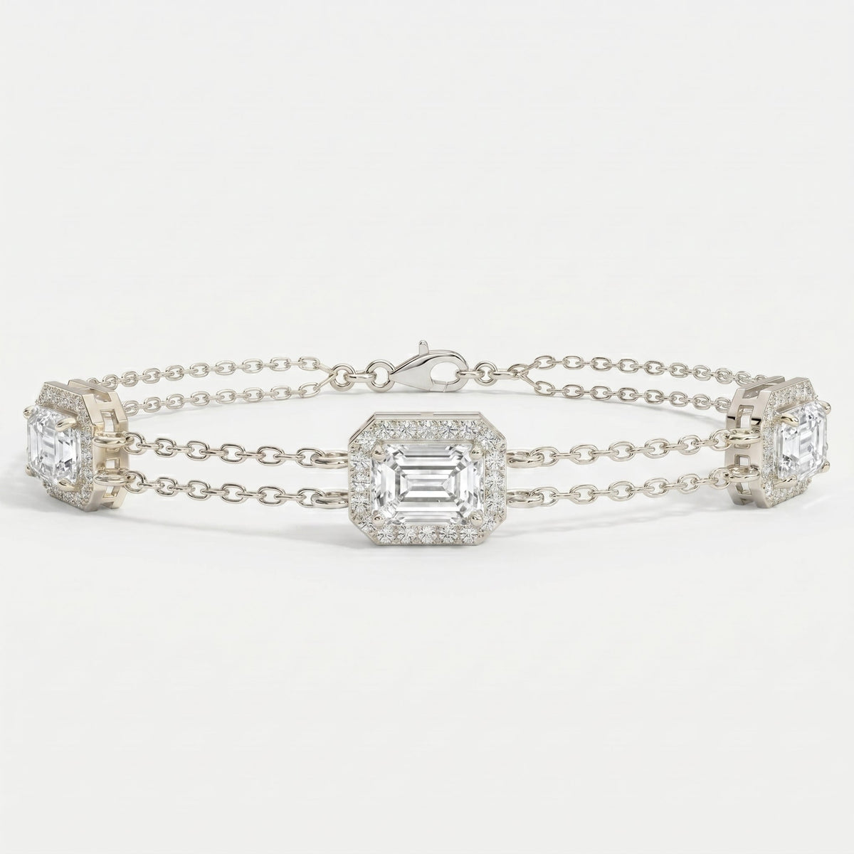 Emerald Cut Diamond Halo Double Chain Statement Design Bracelet, view 5