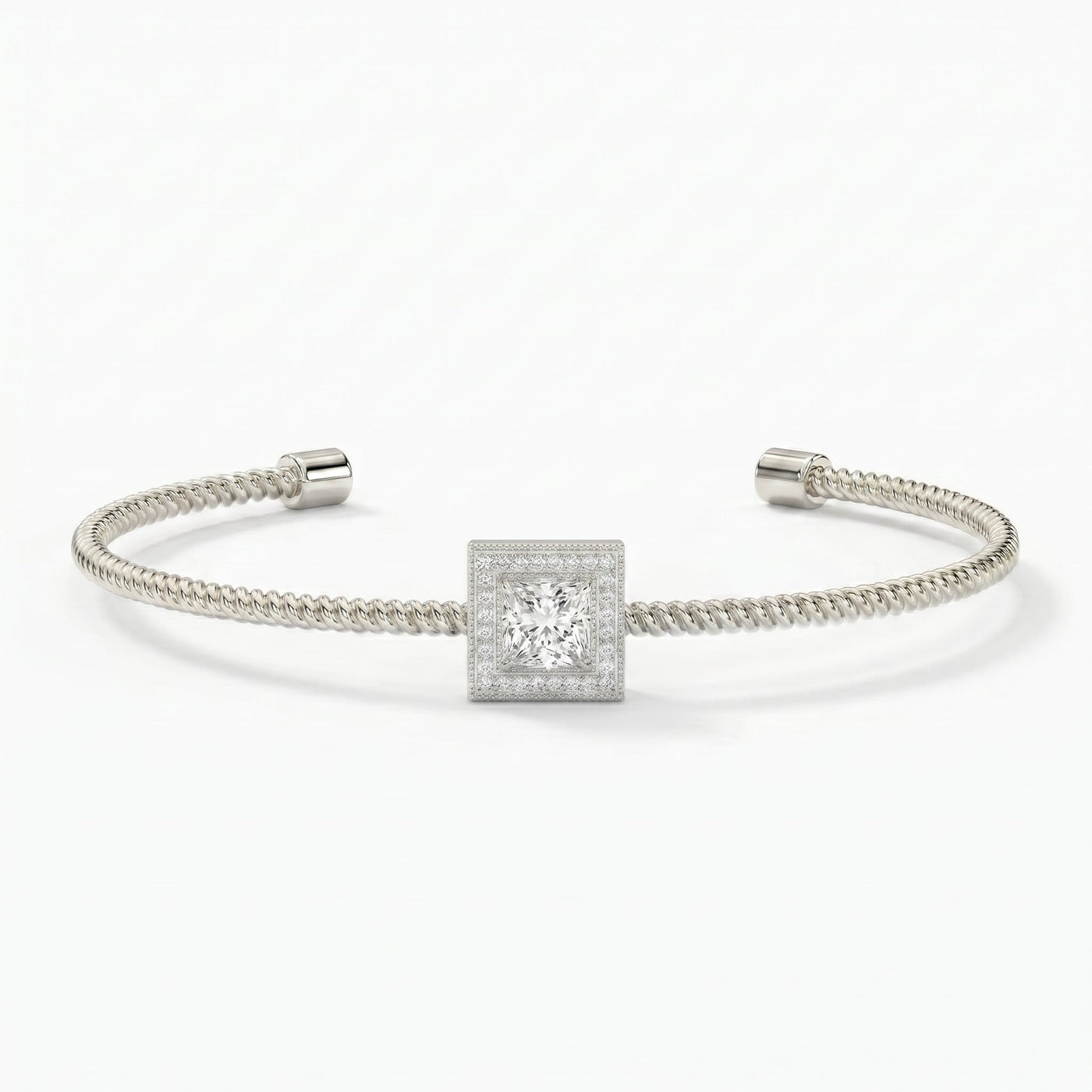 Cuff Bracelet with Square Halo Centrepiece, Princess Cut Diamond, view 3