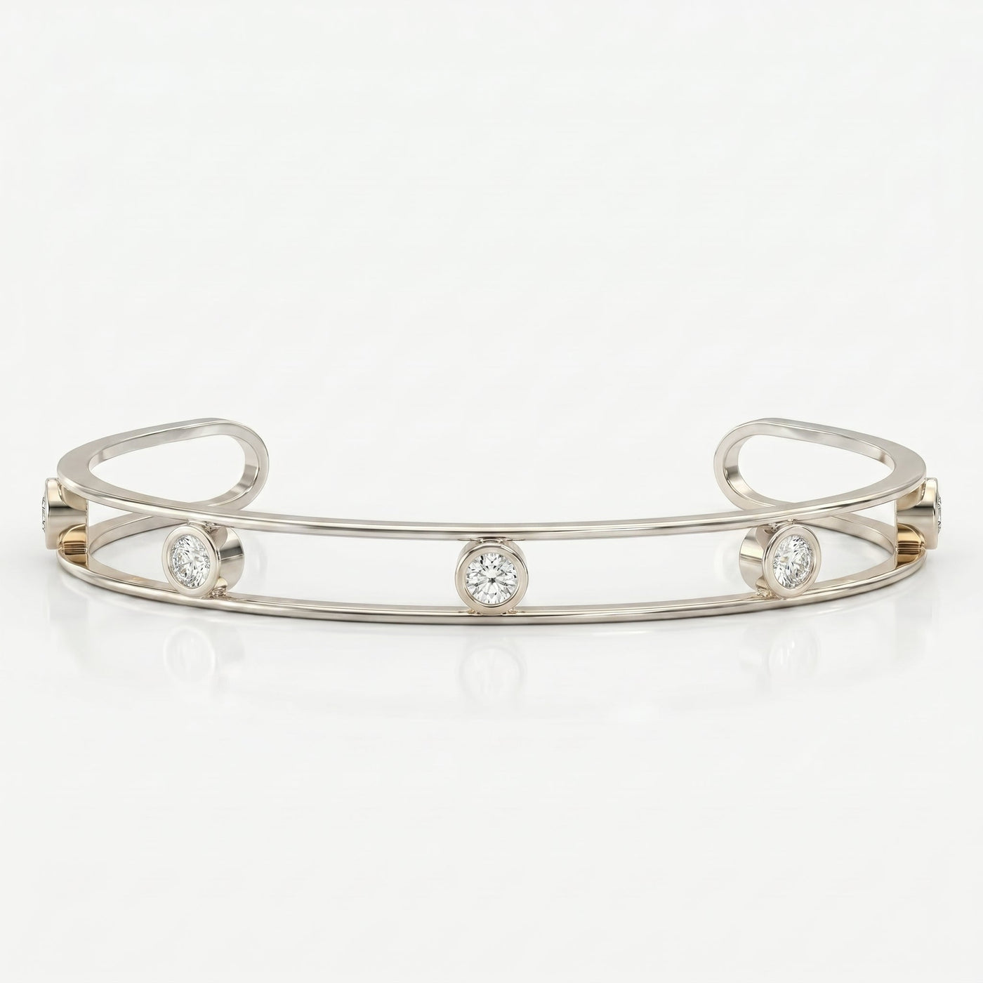Minimalist Cuff Bracelet with Bezel Set Round Diamonds, view 3