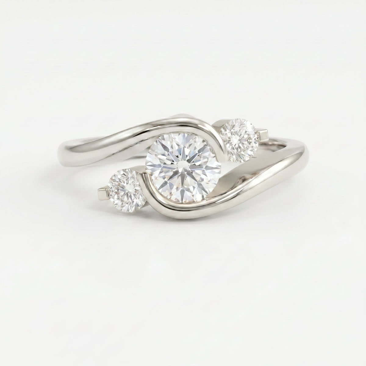 Modern Three-Stone Diamond Bypass Unique Swirl Design, view 6