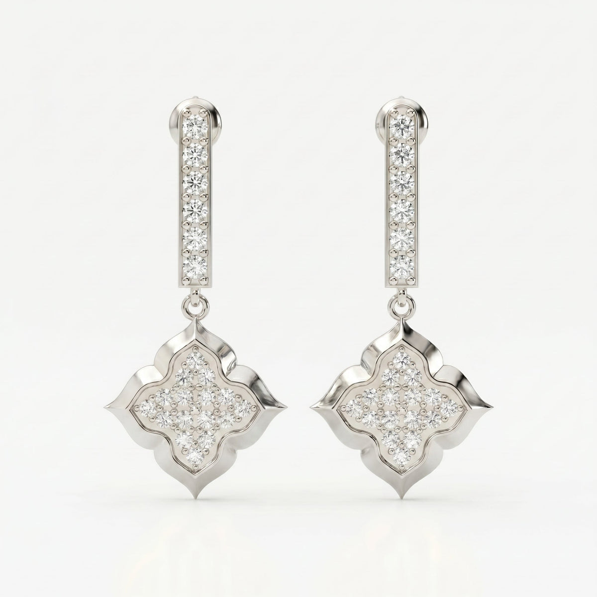 Round Cut Diamond Quatrefoil Drop Earrings, view 3