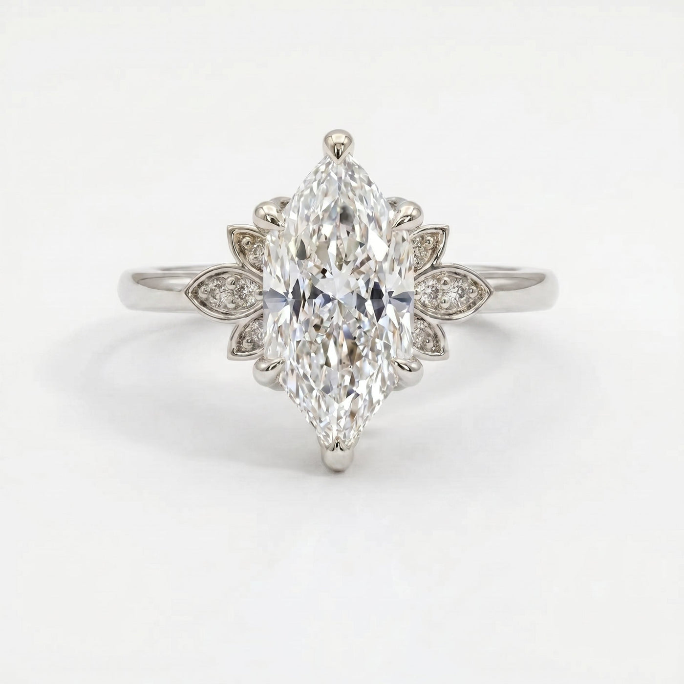 Dutch Marquise Cut Lab Diamond Floral Side Cluster Design Engagement Ring, view 2