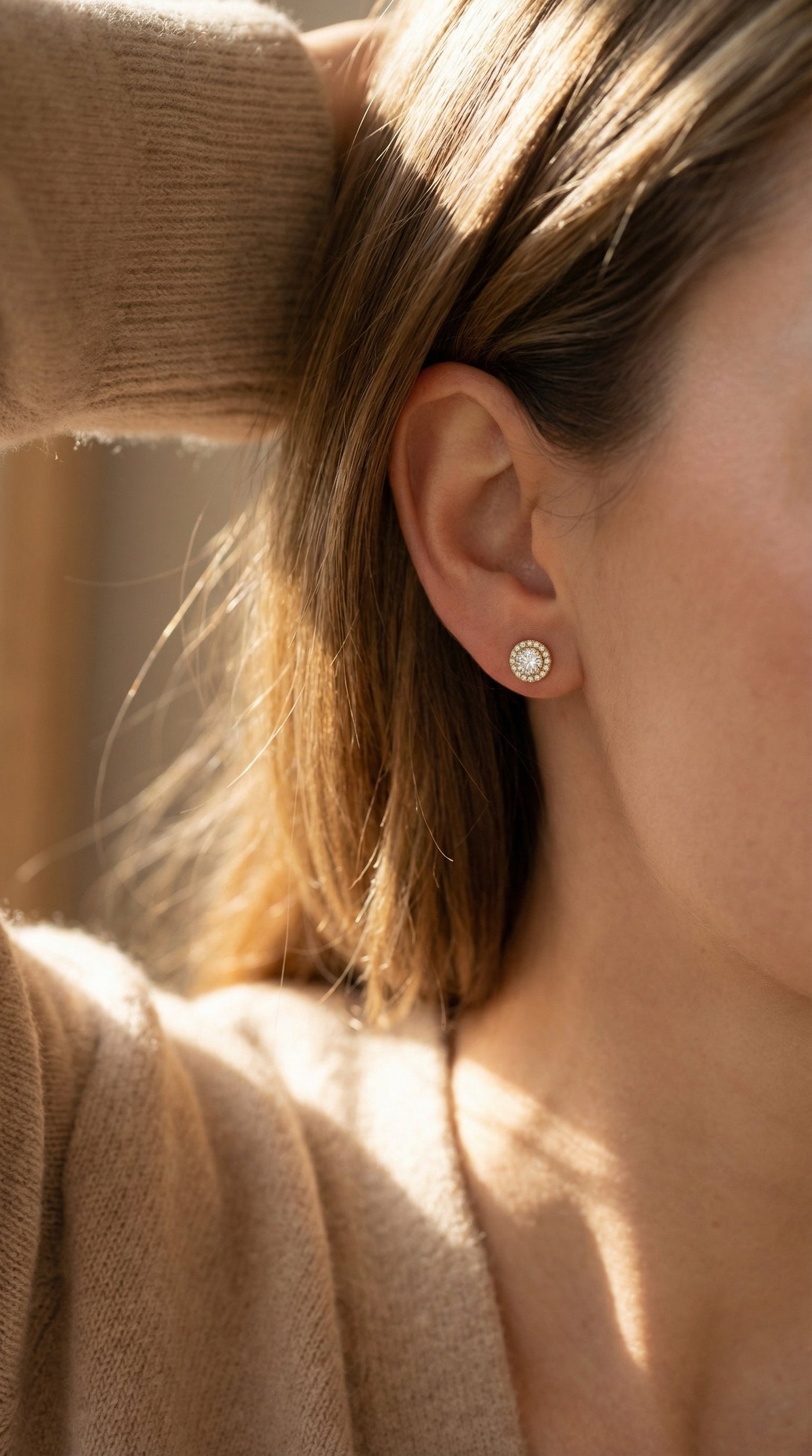 Halo Design Round Diamond Earring Stud, view 2