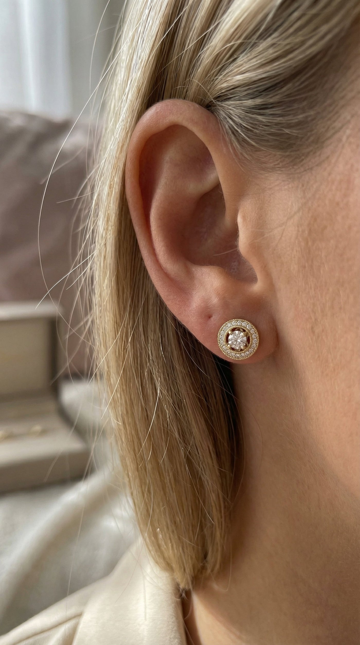 Round Diamond Halo Design Earrings, view 2