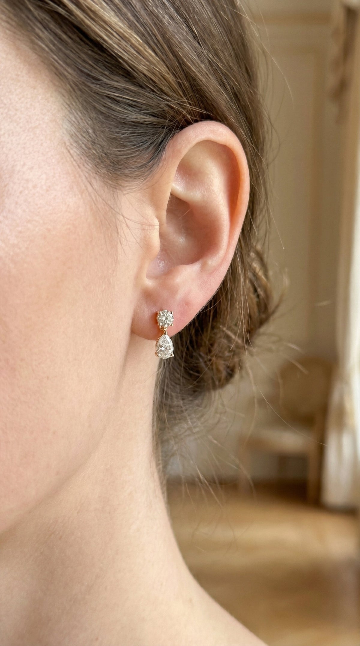 Round & Pear Diamond Drop Dangle Earring, view 2