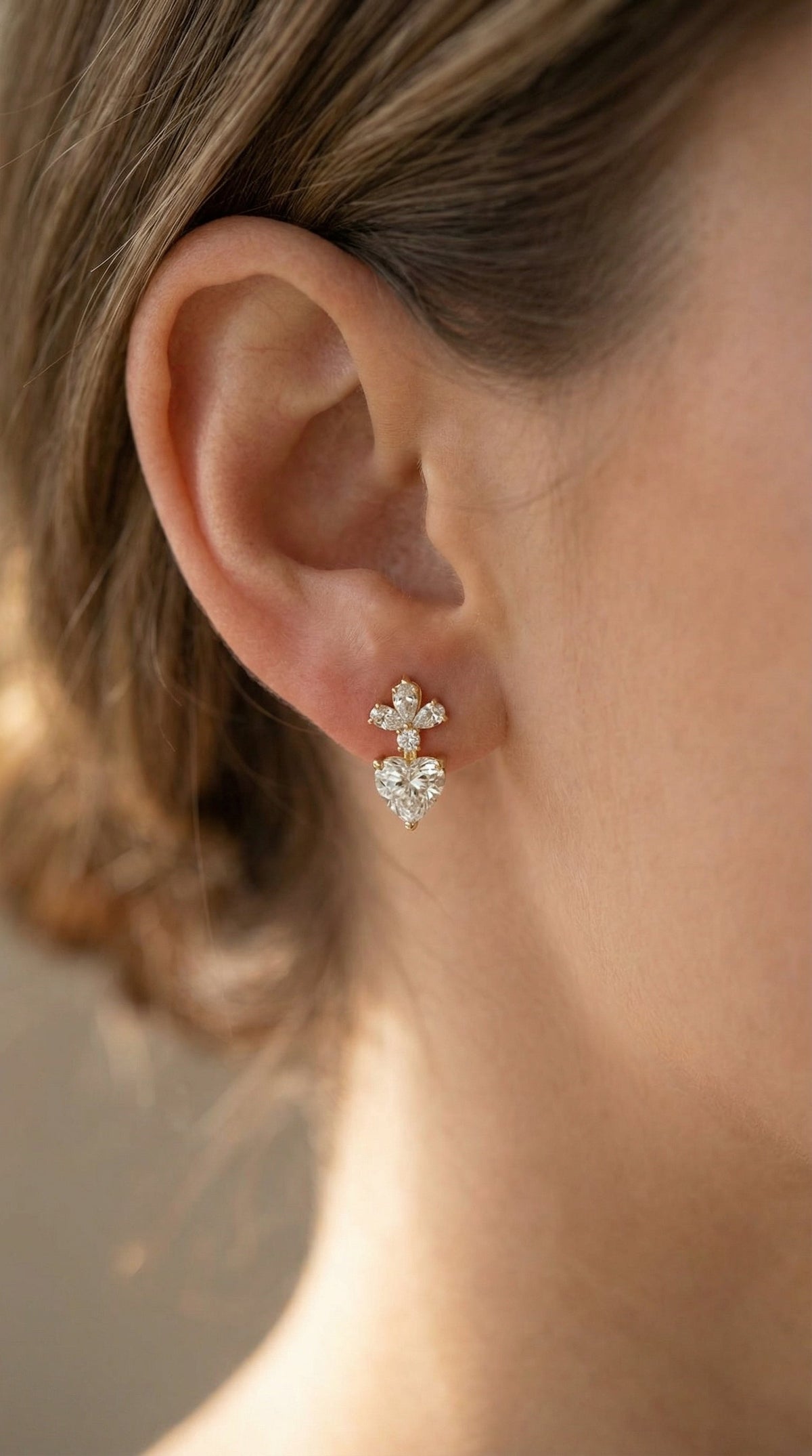 Floral Cluster Heart Diamond Drop Earring, view 2