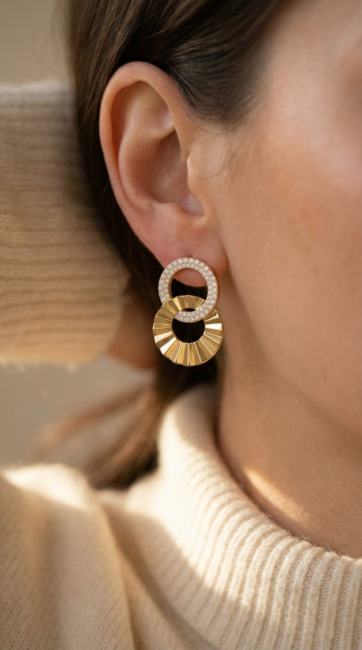 Pavé Double Circle Round Diamond Drop Earrings, view 2