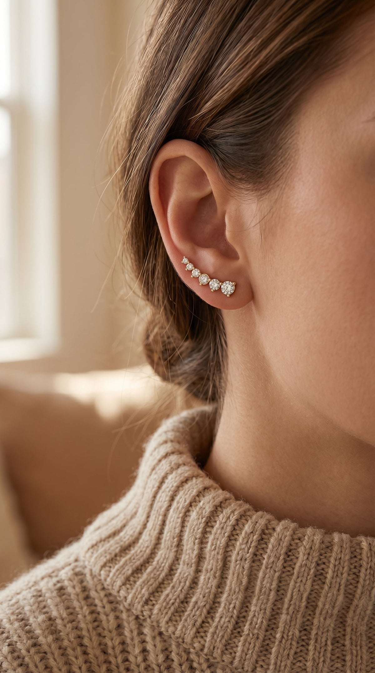 Round Diamond Celestial Climbers Fashion Earring, view 2
