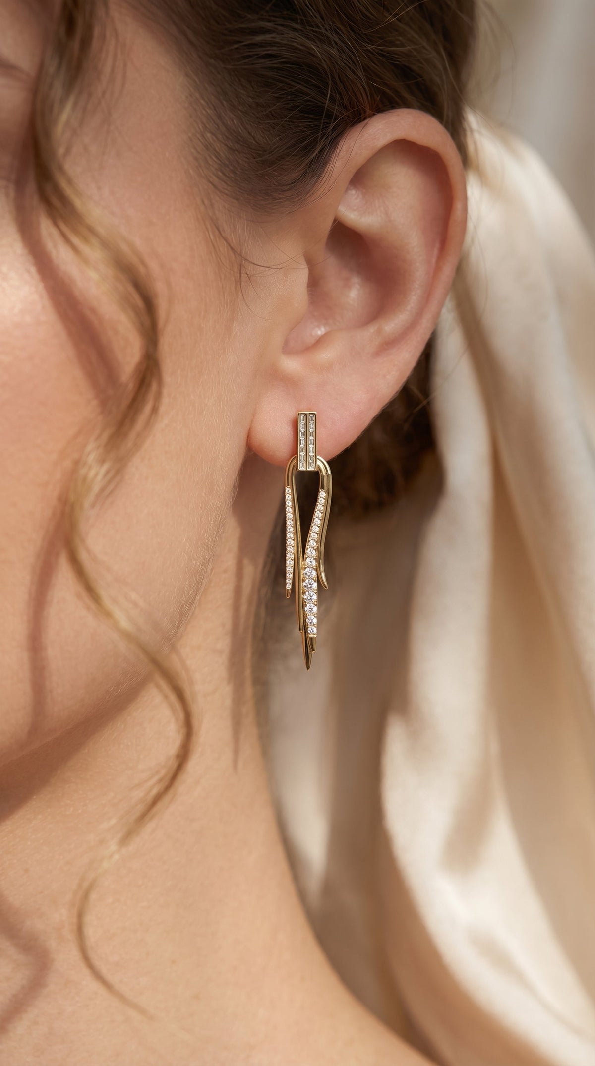 Baguette & Round Diamond Long Statement Fashion Earrings, view 2