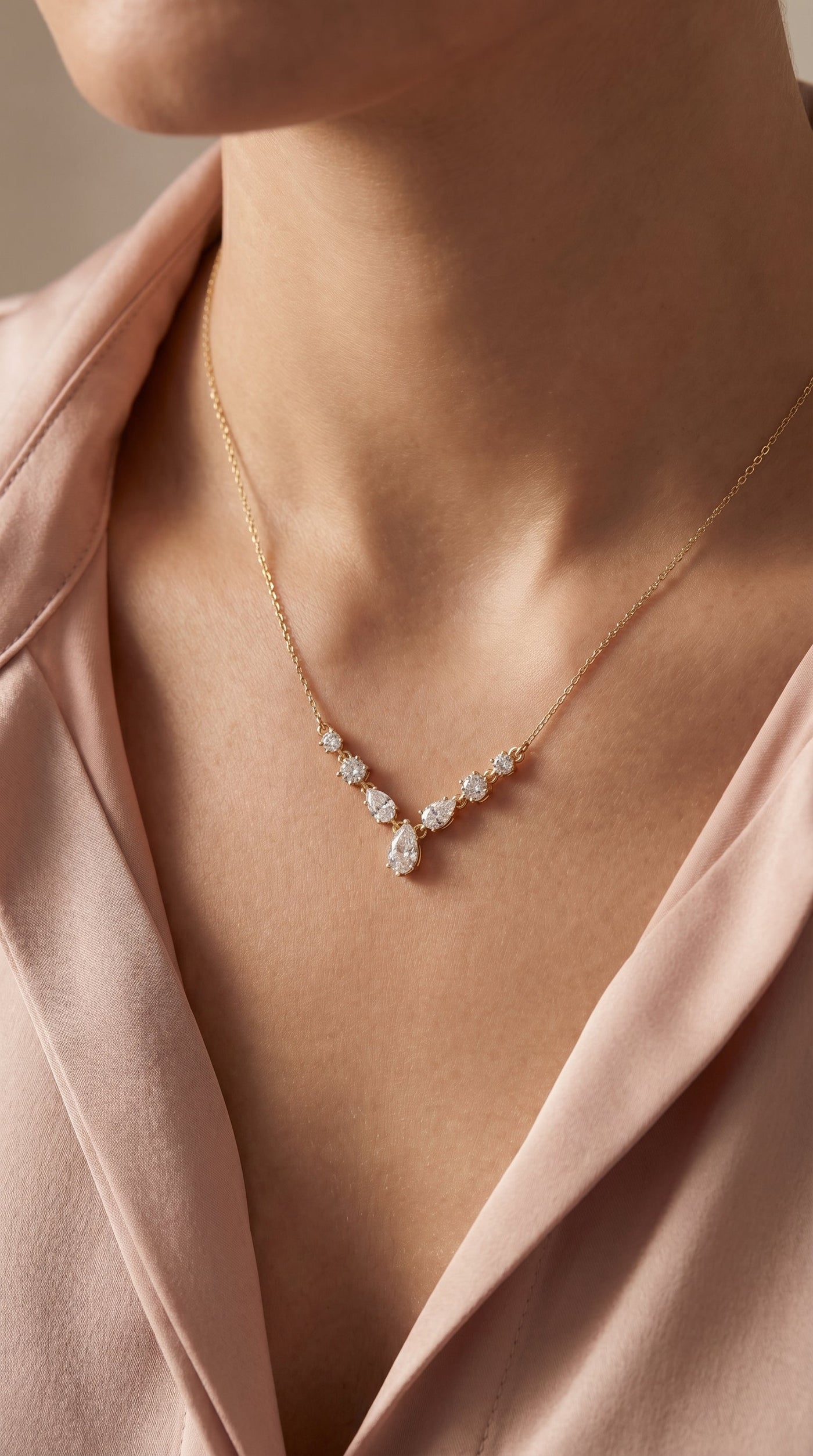 Pear & Round Cut Diamond V-Shape Diamond Pendant Necklace, view 2