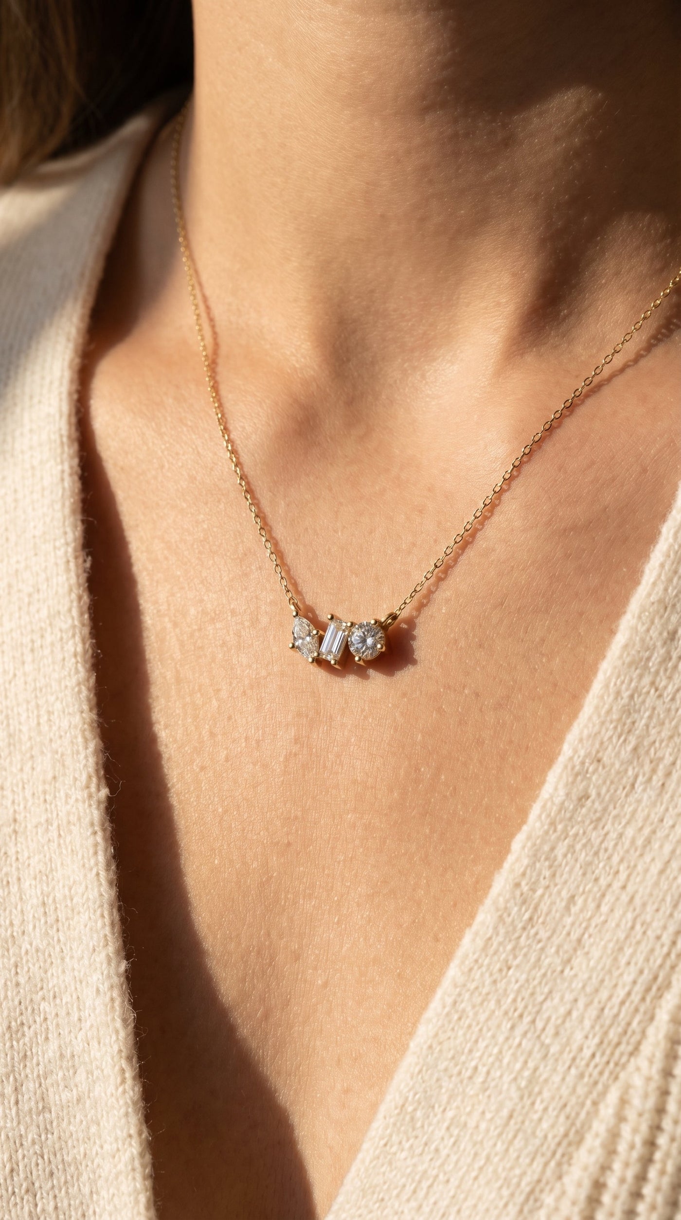 Three Stone Diamond Pendant Necklace, view 2