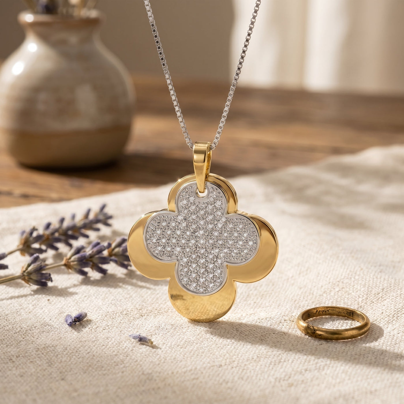 Elegant Pave Two-Tone Clover Diamond Pendant Necklace, view 3