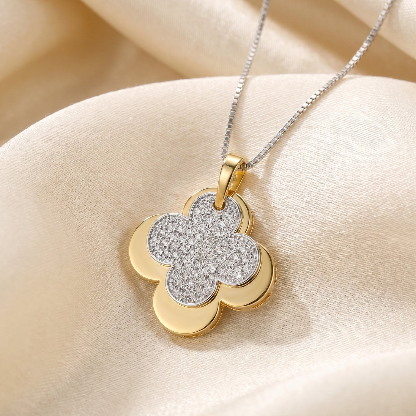 Elegant Pave Two-Tone Clover Diamond Pendant Necklace, view 4