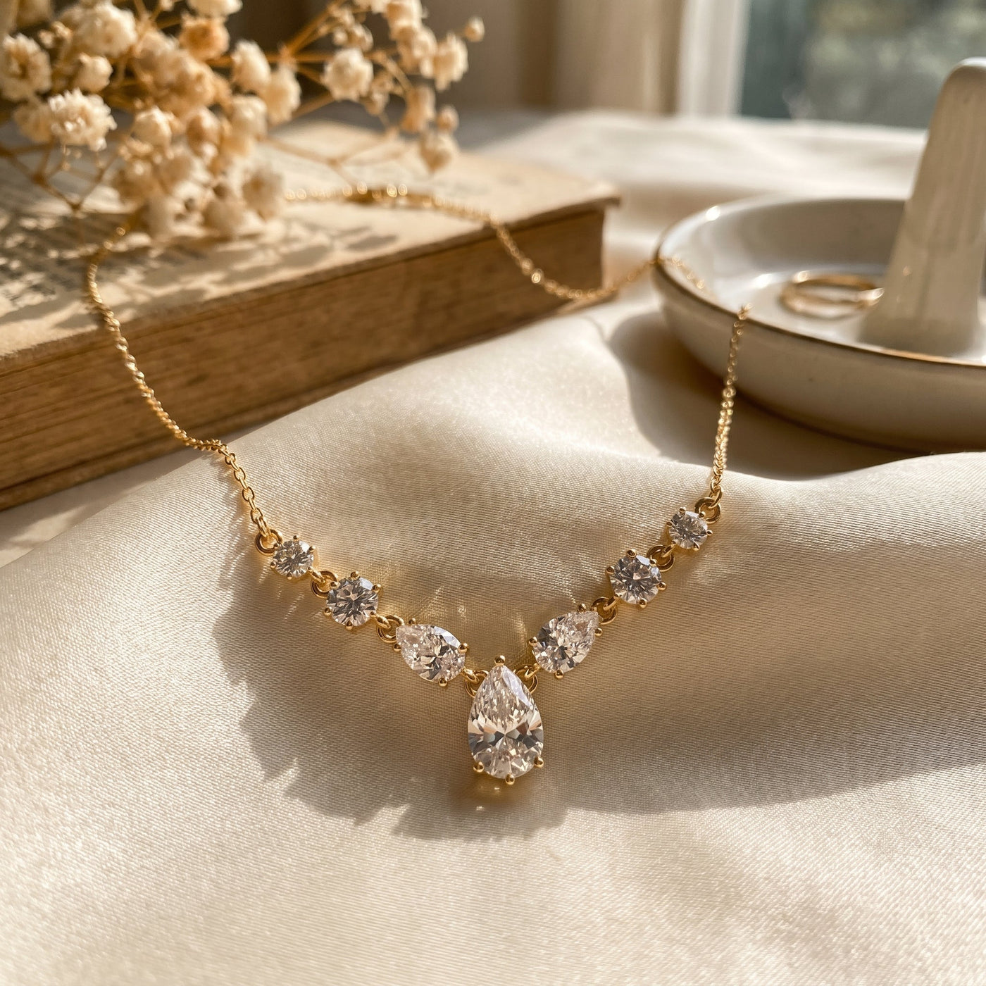Pear & Round Cut Diamond V-Shape Diamond Pendant Necklace, view 4