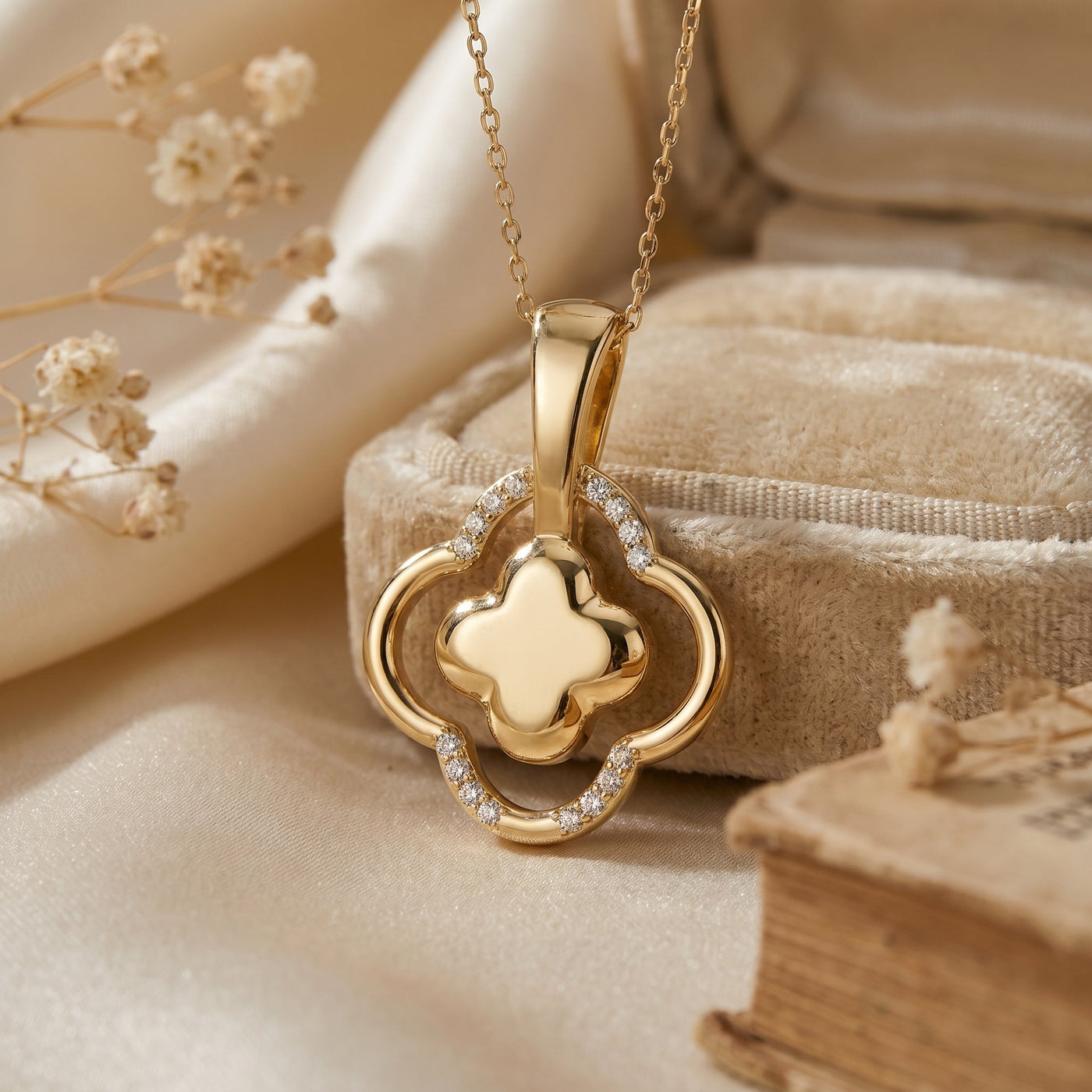 Round Diamond Elegant Clover Bloom Pendant Necklace, view 5