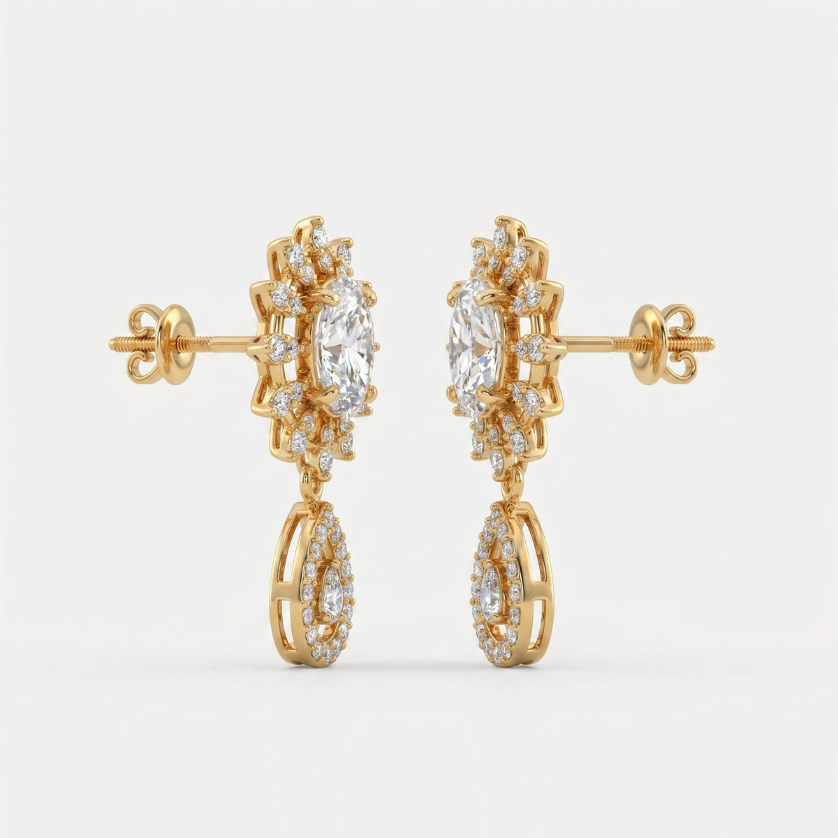 Oval Cut Diamond Sunburst Drop Earrings, view 4
