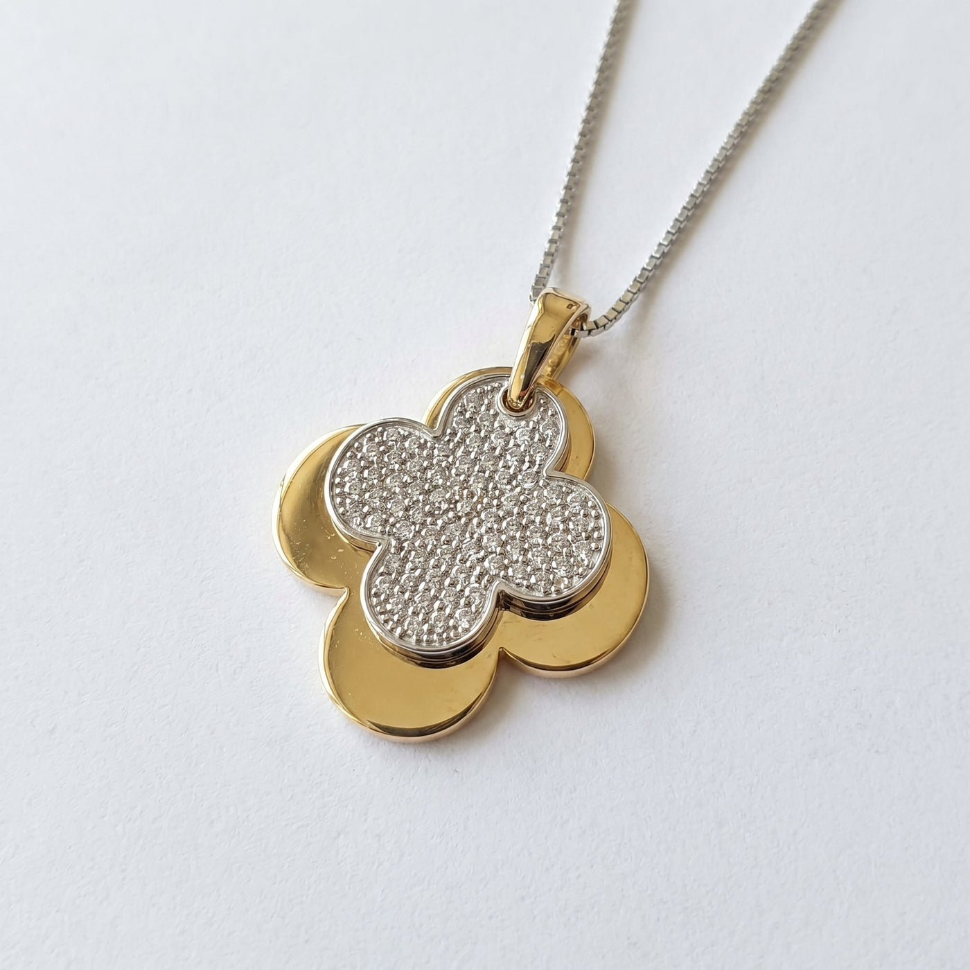 Elegant Pave Two-Tone Clover Diamond Pendant Necklace, view 5