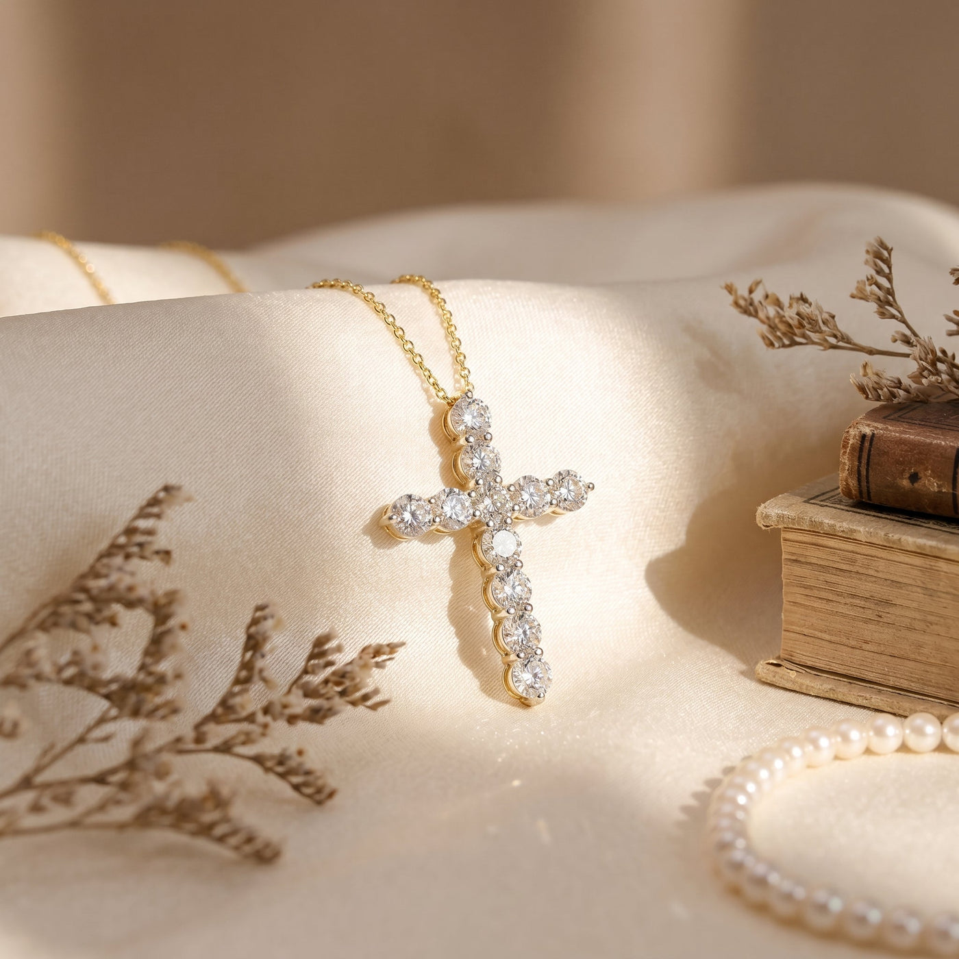 Round Diamond Cross Pendant Necklace, view 4