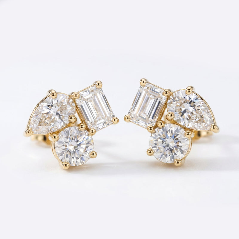 Multi Shape Diamond Cluster Stud Earrings, view 1