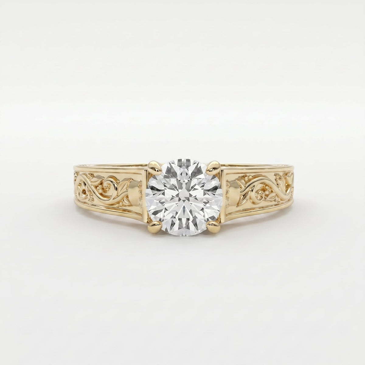 Vintage Floral Engraved Round Cut Diamond Engagement Ring, view 1