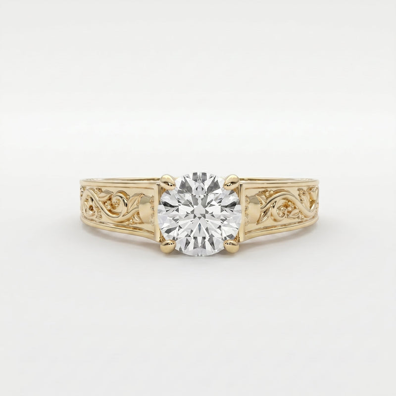 Vintage Floral Engraved Round Cut Diamond Engagement Ring, view 1