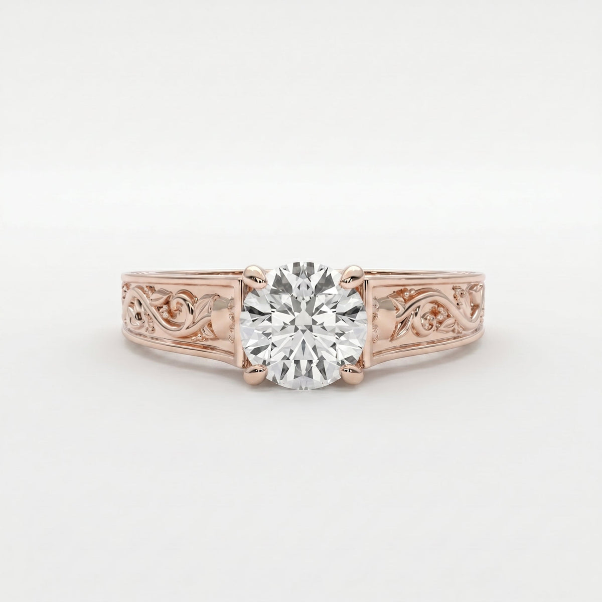 Vintage Floral Engraved Round Cut Diamond Engagement Ring, view 6