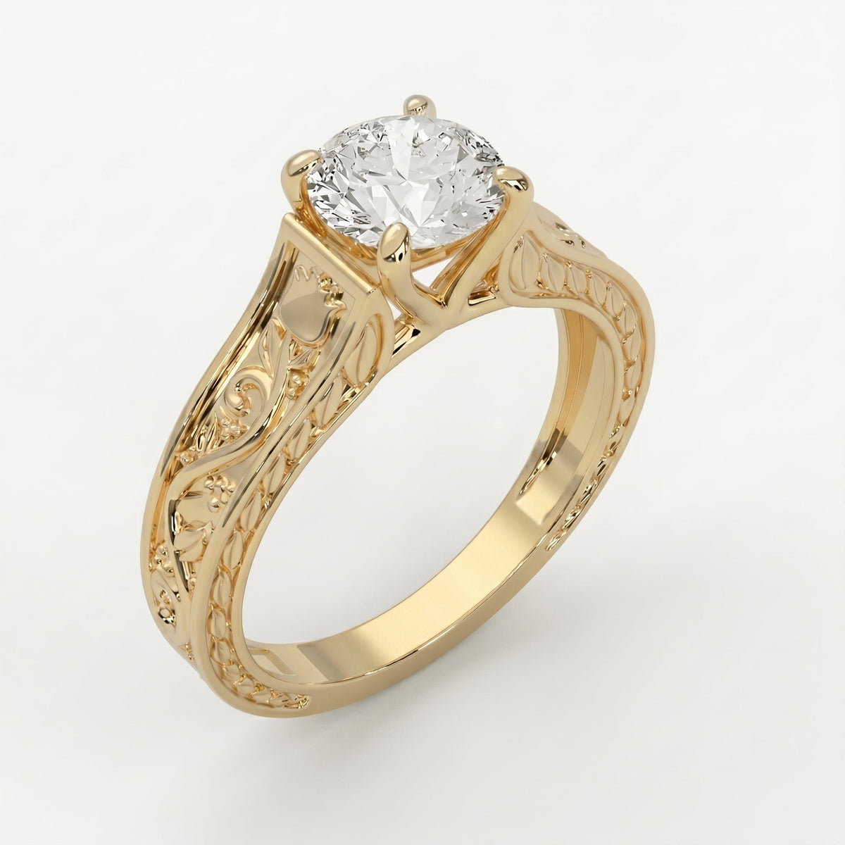 Vintage Floral Engraved Round Cut Diamond Engagement Ring, view 3