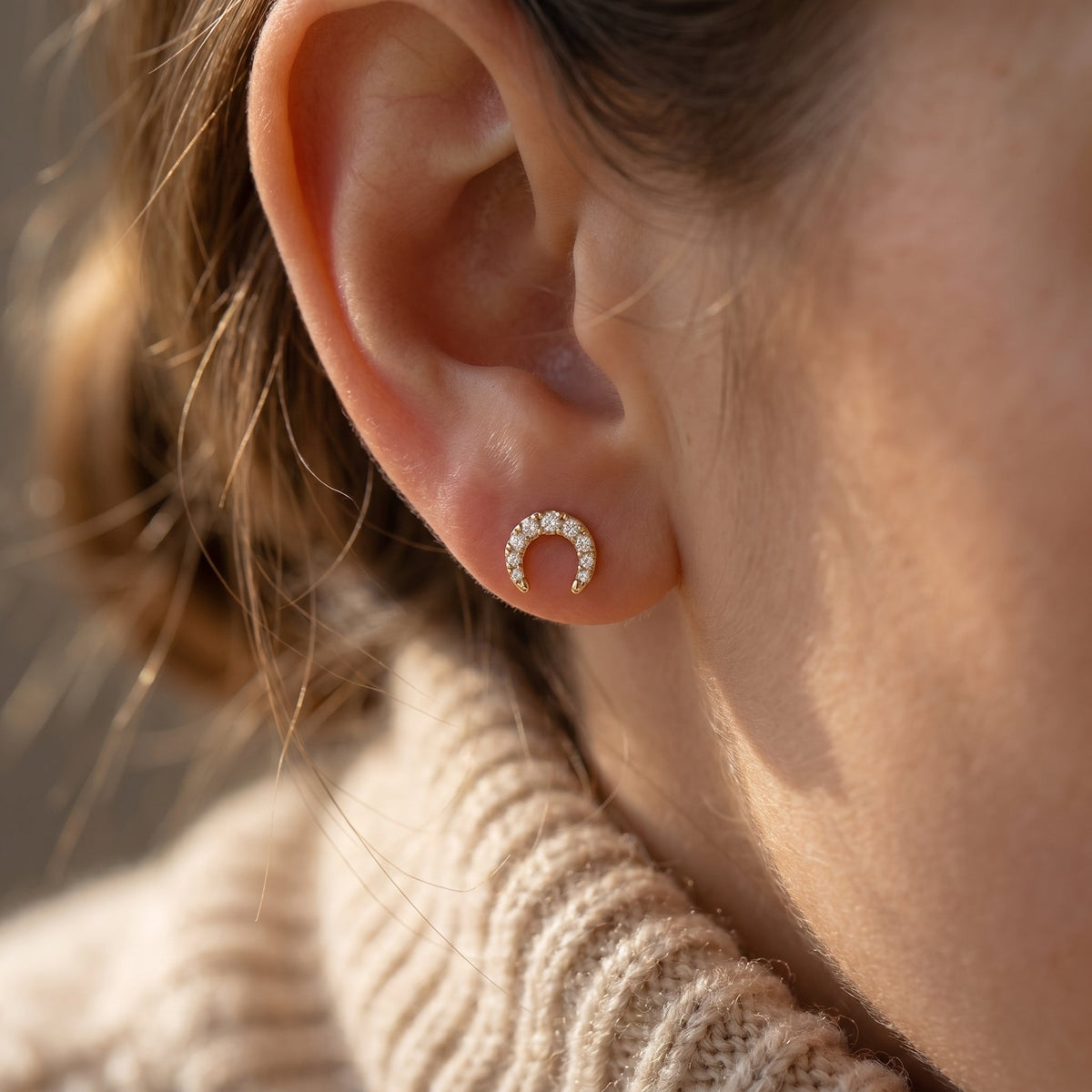 Curved Diamond Crescent Stud Earrings, view 2