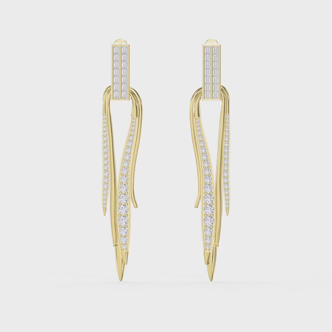 Baguette and Round Diamond Long Statement Fashion Earrings, product video