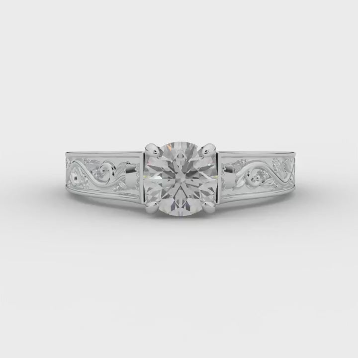 Vintage Floral Engraved Round Cut Diamond Ring, product video