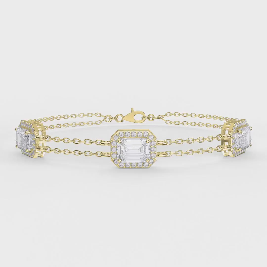 Emerald Cut Diamond Halo Double Chain Statement Design Bracelet, product video
