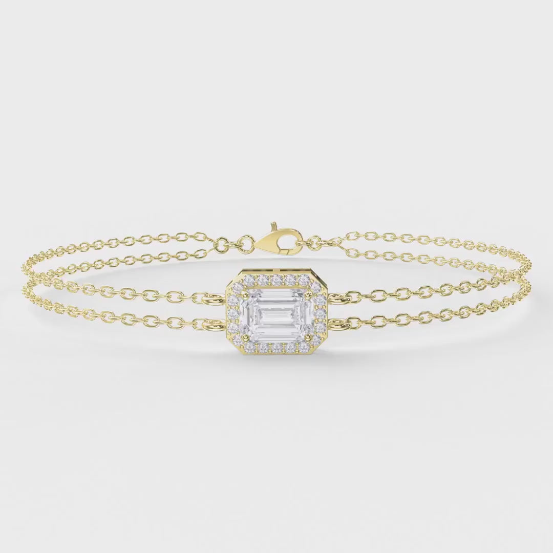 Diamond Bracelet Chain with Emerald Cut Halo Centre, Double Chain Elegant Design, product video