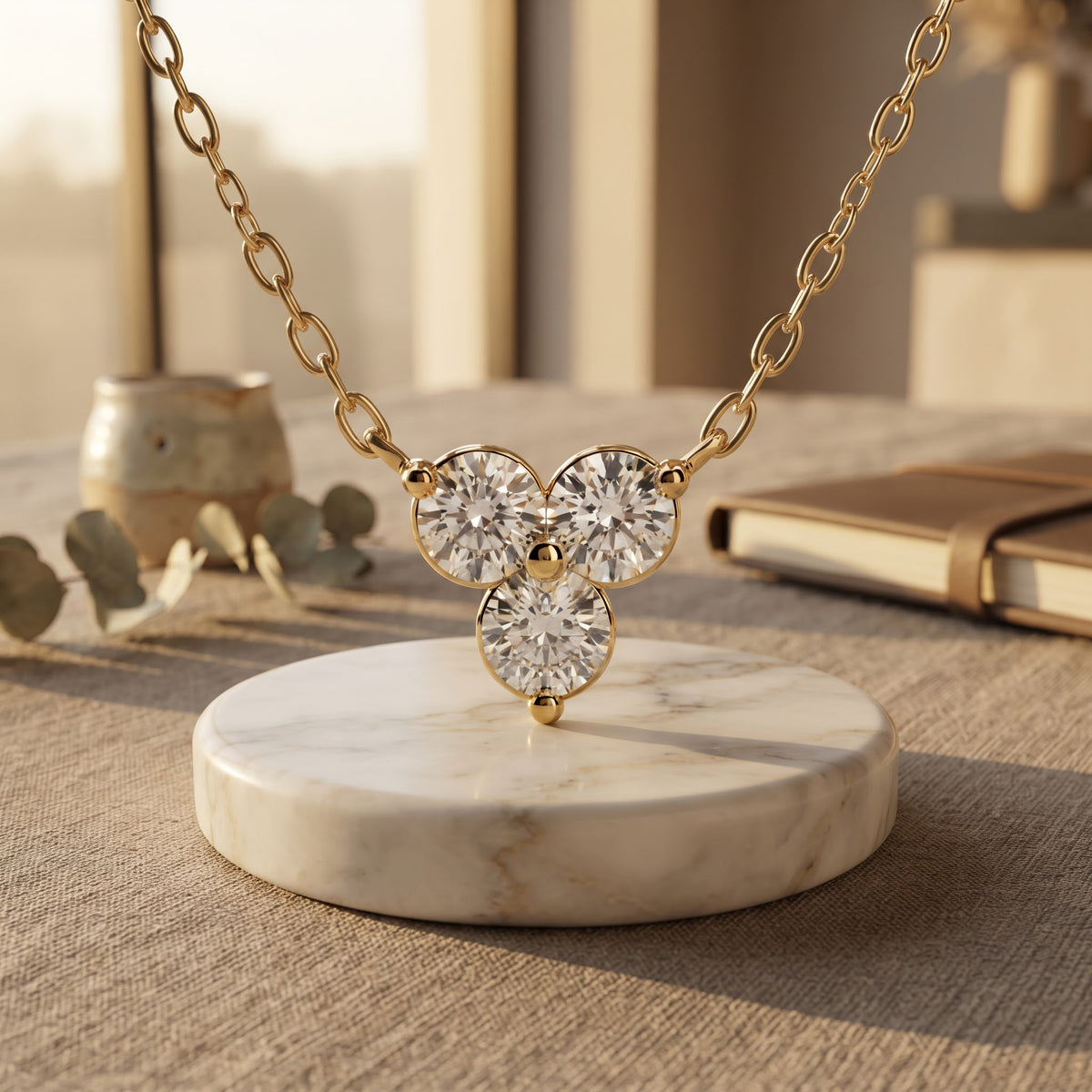 Round Brilliant Triple Stone Lab Diamond Pendant Necklace, image 3