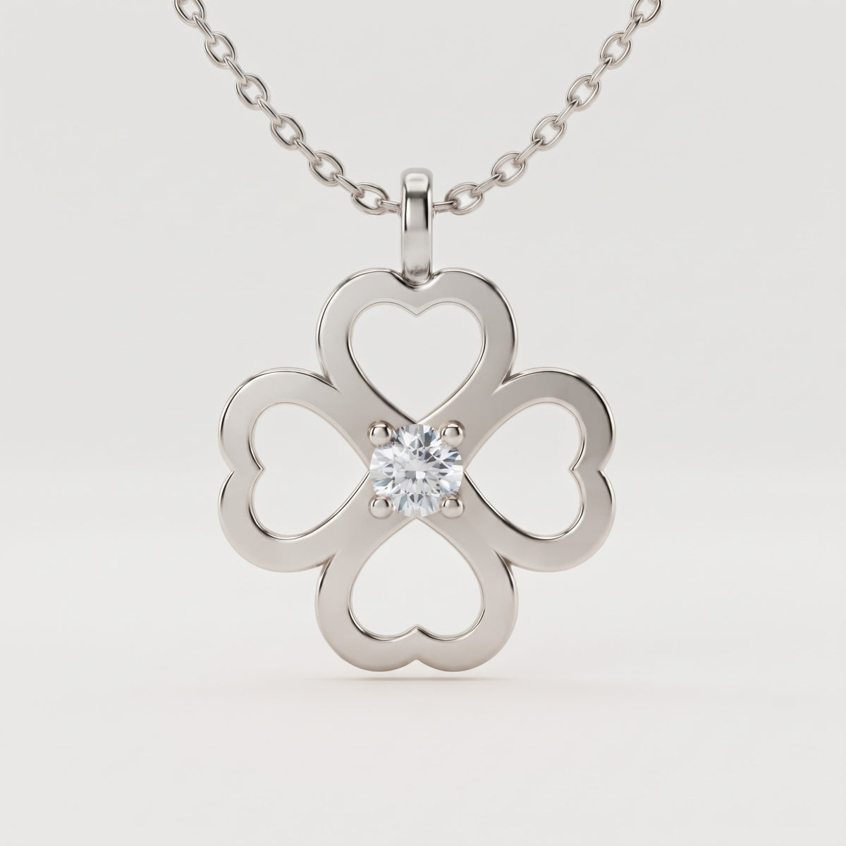 Round Diamond Clover Four Leaf Heart Pendant Necklace, image 2