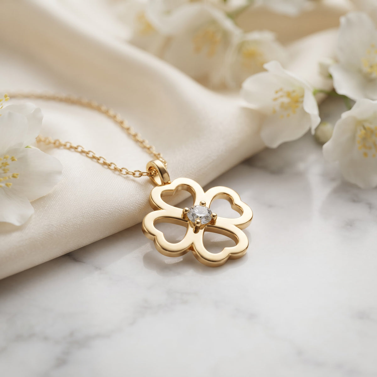 Round Diamond Clover Four Leaf Heart Pendant Necklace, image 4