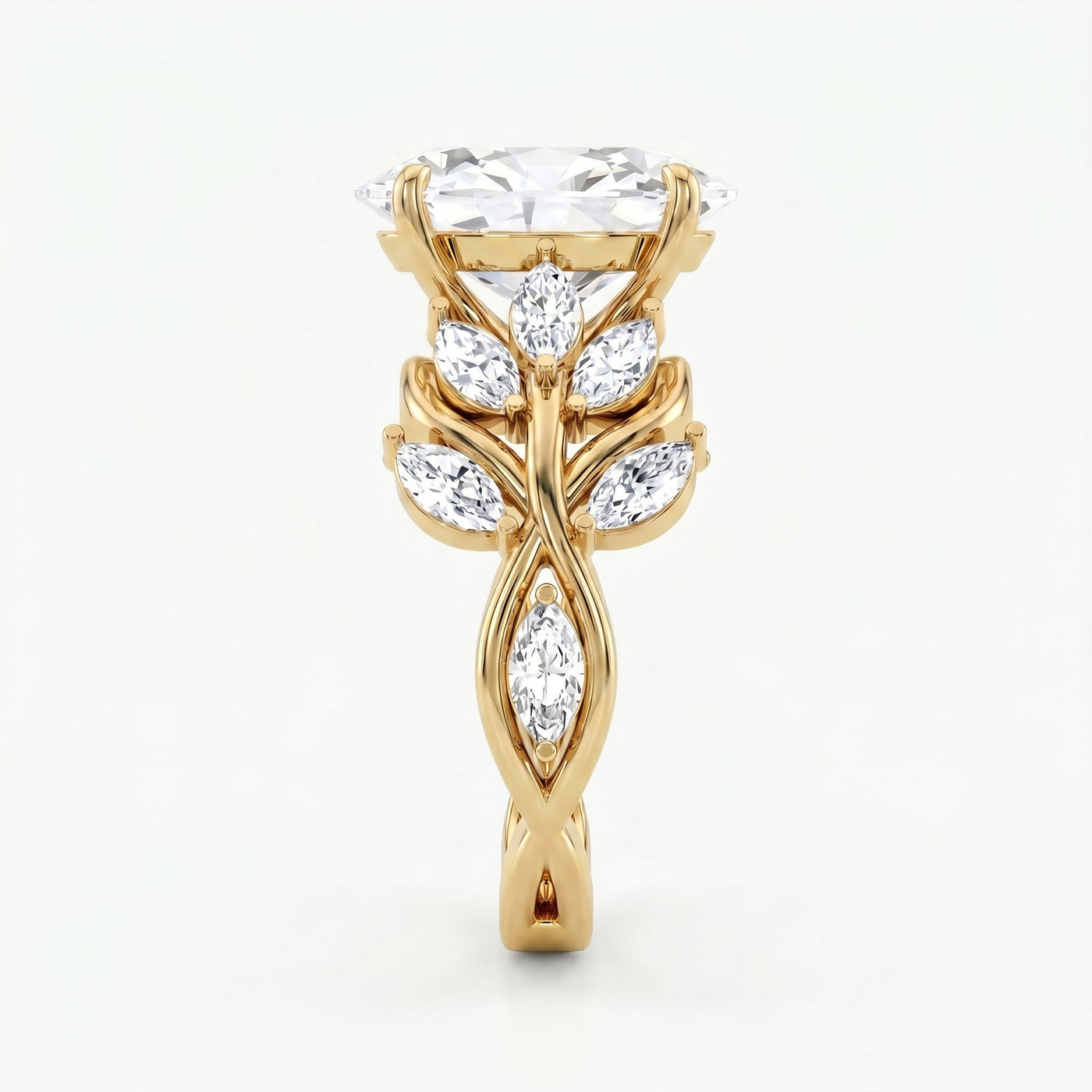 Oval Diamond Engagement Ring Nature Inspired Marquise Leaf Side Stone Ring, view 7